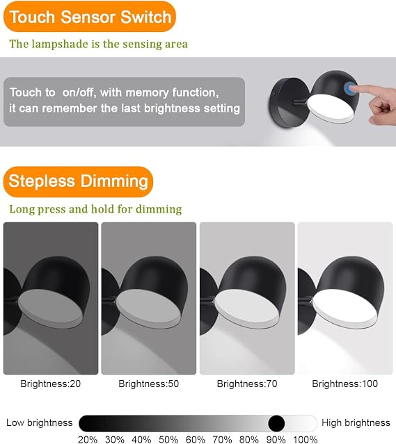 KAWELL Indoor LED Wall Light Touch Sensitive LED Reading Wall Lamp Stepless Dimming LED Wall Spotlight 350° Free Rotation for Bedroom Bedside Living Room Stairs Hallway Corridor, Black 6000K [Energy Class F]