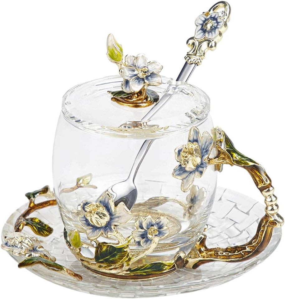 LANTREE Enamels Jasmine Flower Glass Coffee Mugs Tea Cup with Steel Spoon Lead-free Birthday Gifts for Female Valentines Day Christmas Gift 11oz