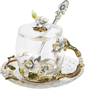 Fancy Tea Cups Flower Coffee Mugs with Lid Mothers Day Gift Birthday Gifts for Female Valentines Day Christmas Gift Jasmine 11oz