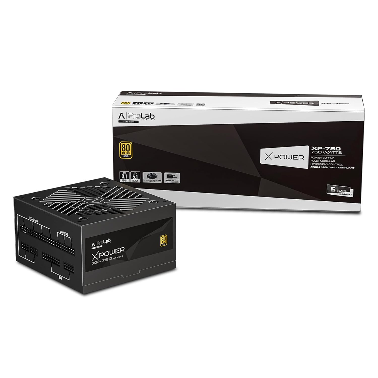 ProLab Design XPower XP-750 Power Supply Unit|750w 80+Gold|Fully Modular|Japanese Capacitor|ATX 3.1, PCIE 5.1 Support|300w 12v-2×6 Connector|120mm Hydro Bearing Fan|Black Flat Cables|5 Year Warranty