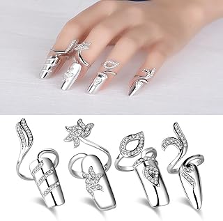 4PCS Fingernail Rings Set Rhinestones Finger Tip Rings Opening Ring Nail Decoration Nail Protecting Fingernail Gift Nail Art Charms Accessories(Silver)