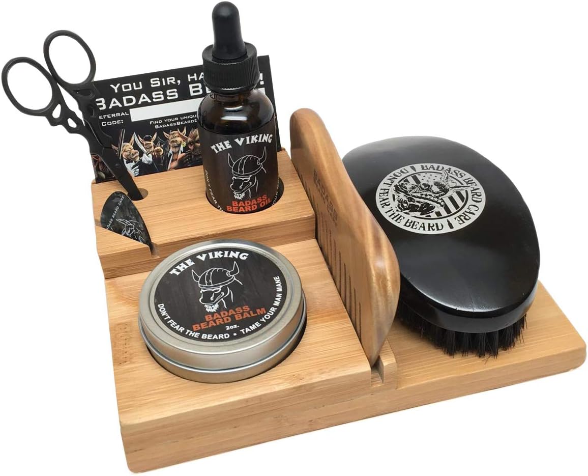 The Loaded Full Size Caddy Features Our Handmade, Solid Bamboo - Includes 1oz of Beard Oil, 2oz of Balm or Wax, Comb, Boars Hair Brush & Mustache Scissors of Your Choice