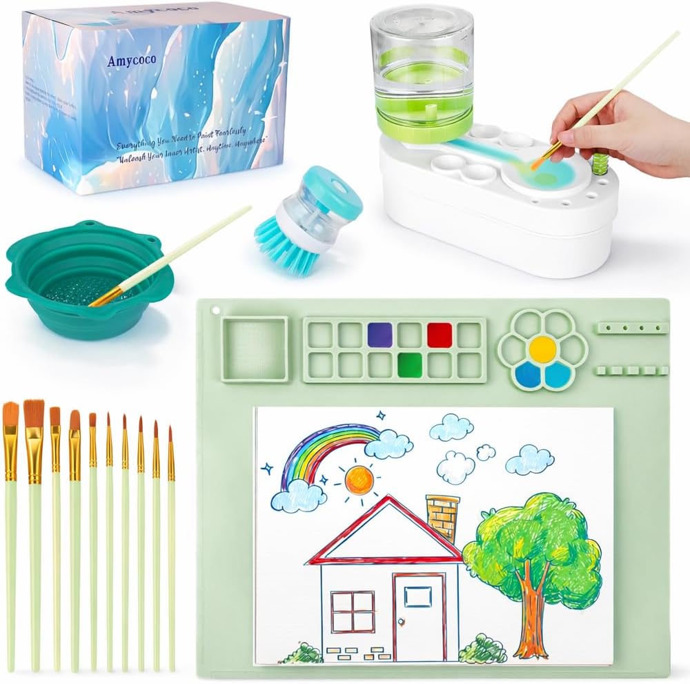 Painting Station, Silicone Painting Mat 20"X16" and Paint Brush Cleaner (Pre-Assembled), 10 Paint Brushes and Foldable Silicone Paint Brush Cleaner Bowl, for Artist Kids Adults Birthday Gifts (Green)