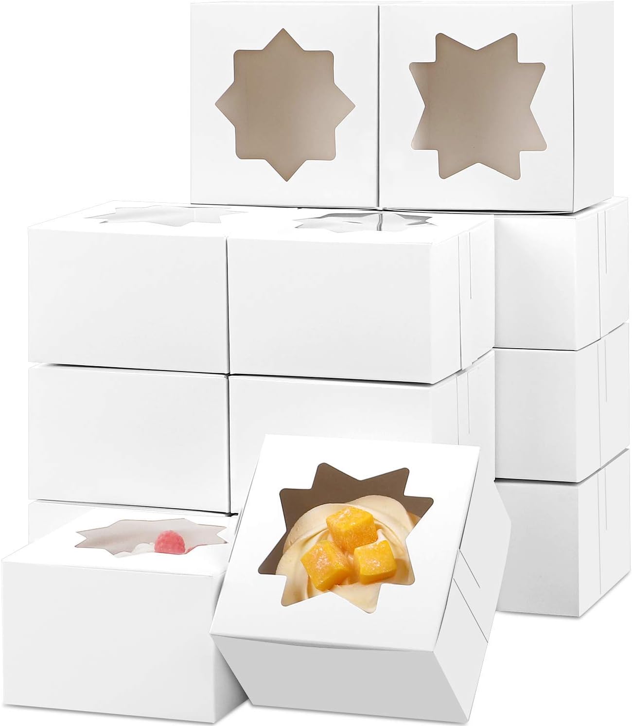 Moretoes Small White Bakery Boxes 4x4x2.5 Inches 16pcs Cookie Packaging Boxes Cupcake Boxes Dessert, Pastry, Macaron Boxes Small Treat Boxes with Window