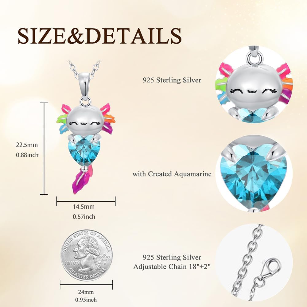 925 Sterling Silver Axolotl Necklace, Heart-Shaped Birthstone Axolotl Pendant Gemstone Necklaces Cute Animal Jewelry Gifts for Women Christmas Birthday, 18"+2" - Image 6