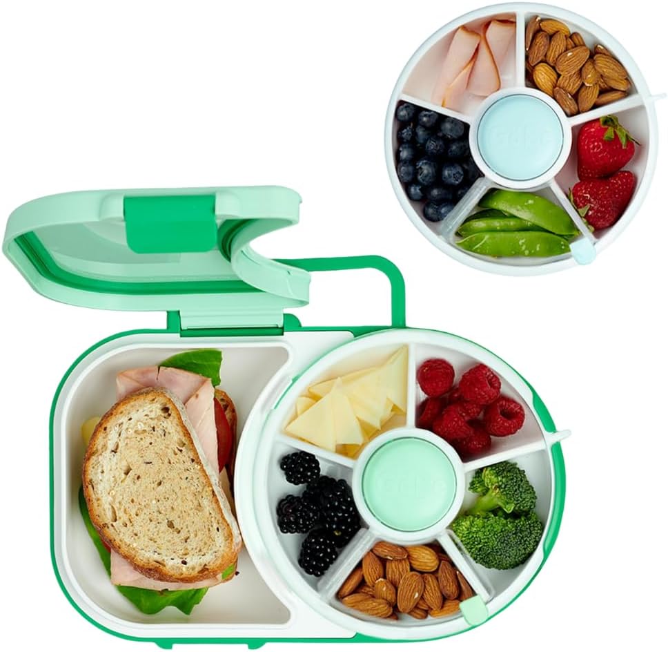 GoBe Kids Small Snack Spinner with 5 Compartment Dispenser + Lunchbox with Detachable Snack Spinner with 5 Small + 1 Large Sandwich Compartment - with Hand Strap & Sticker Sheet