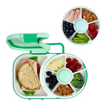 GoBe Kids Small Snack Spinner with 5 Compartment Dispenser + Lunchbox with Detachable Snack Spinner with 5 Small + 1 Large Sandwich Compartment - with Hand Strap & Sticker Sheet