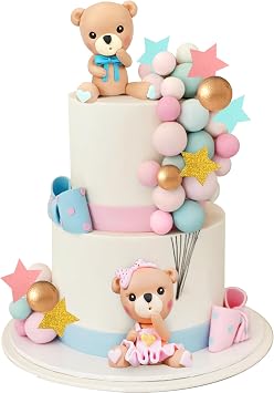 Bear Cake Toppers Pink Blue Bear Figurine Cake Decorations Pearl Balls for Gender Reveal Birthday Bear Theme Supplies 01
