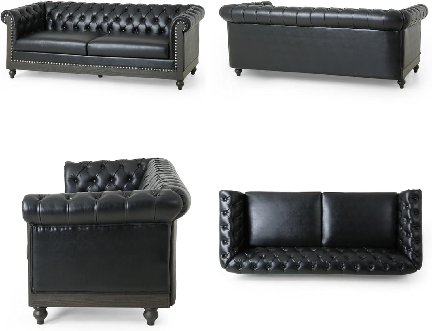Merax PU Chesterfield Sofa, Retro Upholstered 3 Seater Leather Couch Rolled Arm for Living Room Bedroom Office, Black