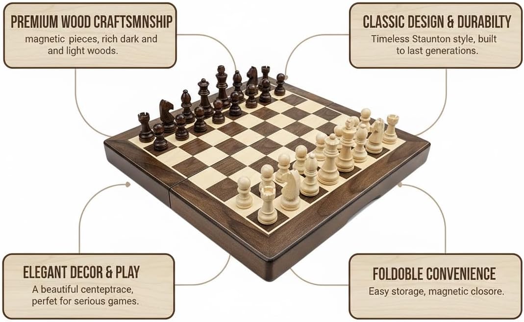 Magnetic Travel Wooden Chess Set,12-inch Chess Board,Folding Magnetic Chess Game Portable Chess Sets Includes 2 Extra Queens,Beginner Chess Set for Kids and Adults