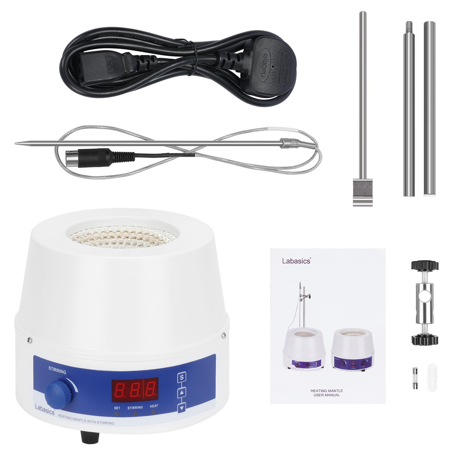 Labasics Manto de Calefacción con Agitación Eléctrica, Temperatura y Velocidad Ajustables, Pantalla Digital, para Mezcla, Reflujo y Destilación de Soluciones, 220 V 150 W, 250 ml