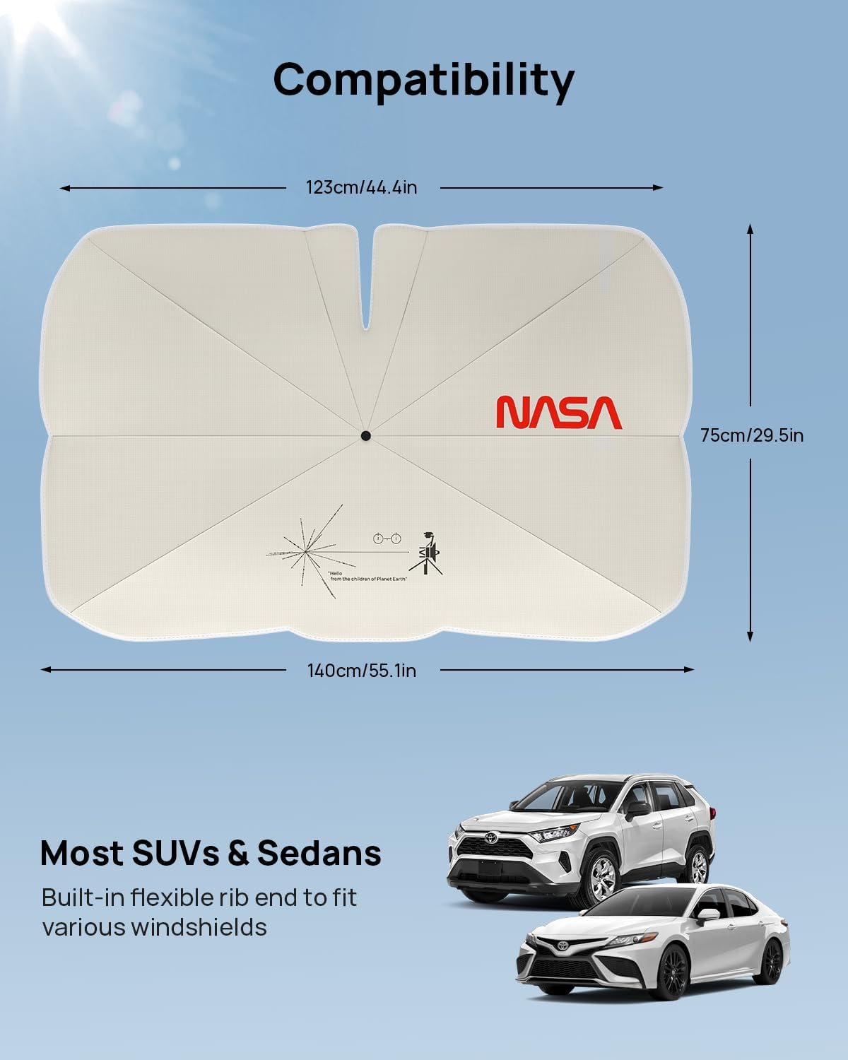 HALOBLK Reinforced Triple-Coated Windshield Sunshade Umbrella of The NASA Voyager-2 Mission Edition Designed for Car