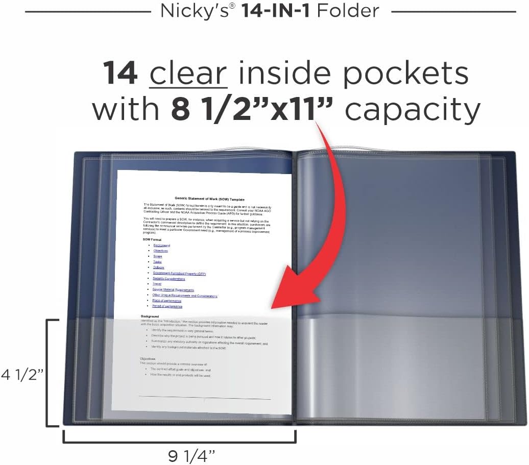 Nicky's® Multi Pocket Organizer, 10 or 14 Page Folder, Waterproof, Patented Tear-Resistant, Flexible Plastic, Proudly Made in USA, Binder Substitute. (14-in-1 Navy Blue) image 4
