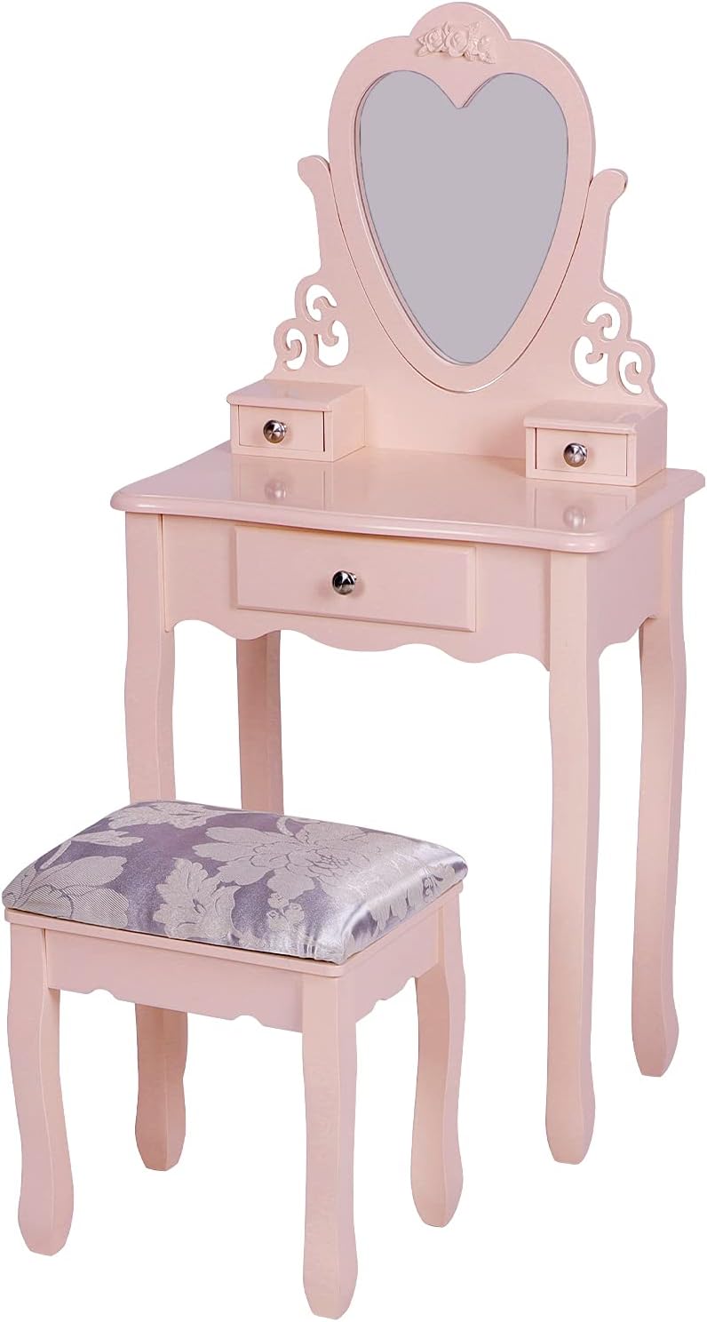 J- Dressing Table for Girls,Pink Vanity Table with Mirror Stool for 3,4,5,6,7,8 Kids, Birthday Gift for Children Bedroom