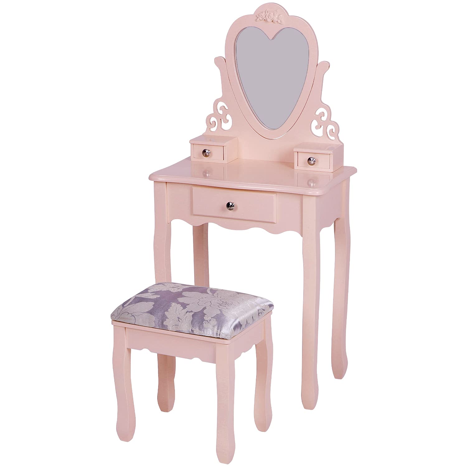 J- Dressing Table for Girls,Pink Vanity Table with Mirror Stool for 3,4,5,6,7,8 Kids, Birthday Gift for Children Bedroom