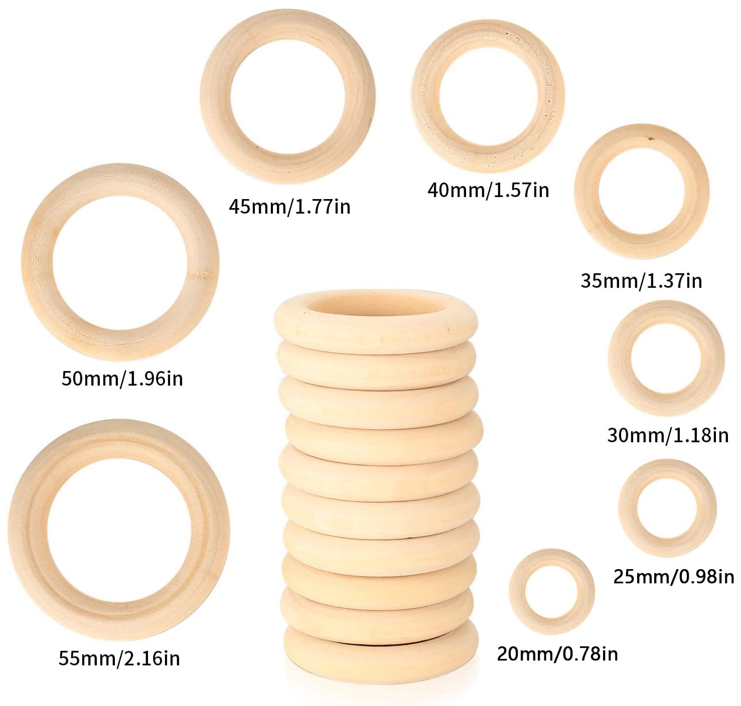ZEONHAK Lot de 200 anneaux en bois naturel de 5 tailles, anneaux en macramé pour rideaux en bois
