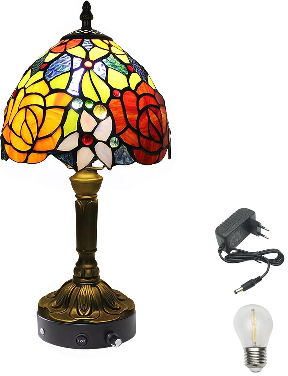 Tiffany-Stil Tischlampe Kabellos Warmweißes, Wiederaufladbar Tischleuchte, Dimmbar Nachttischlampe mit Glasschirm für Nachttisch Esszimmer Schlafzimmer -TD0934
