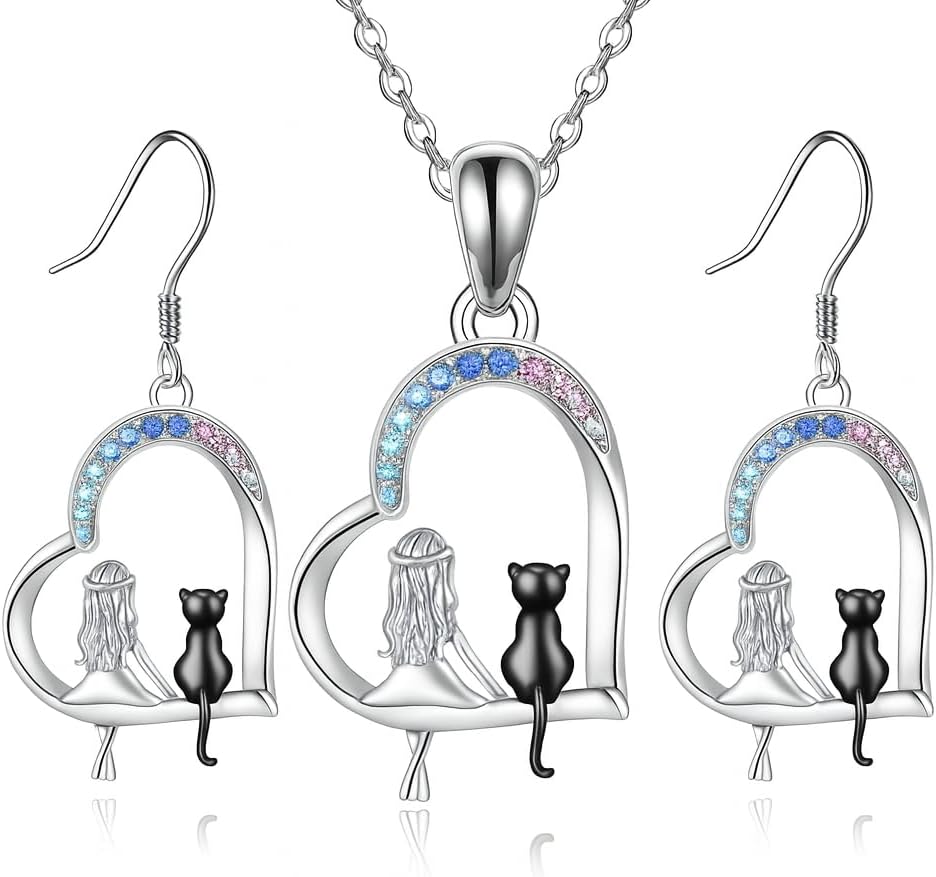 SUPAC Crystal Cat and Moon Jewelry Set, Stainless Steel Pendant Necklace with Blue and Pink Crystals, Rose Gold Cat Design, 3 Piece Set with Earrings, 0.90 Inch Width