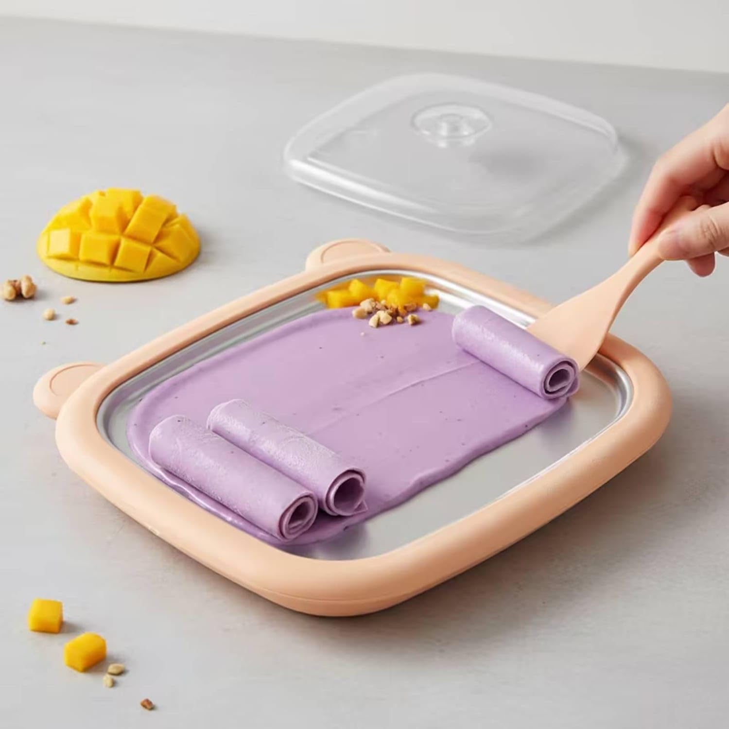 Bear-Shaped Rolled Ice Cream Plate with Spatulas Instant Manual Ice Cream Pan Non-Electric Fried Yogurt Machine Stainless Steel for Families, Kitchen, Home, Bear W Lid-image-49