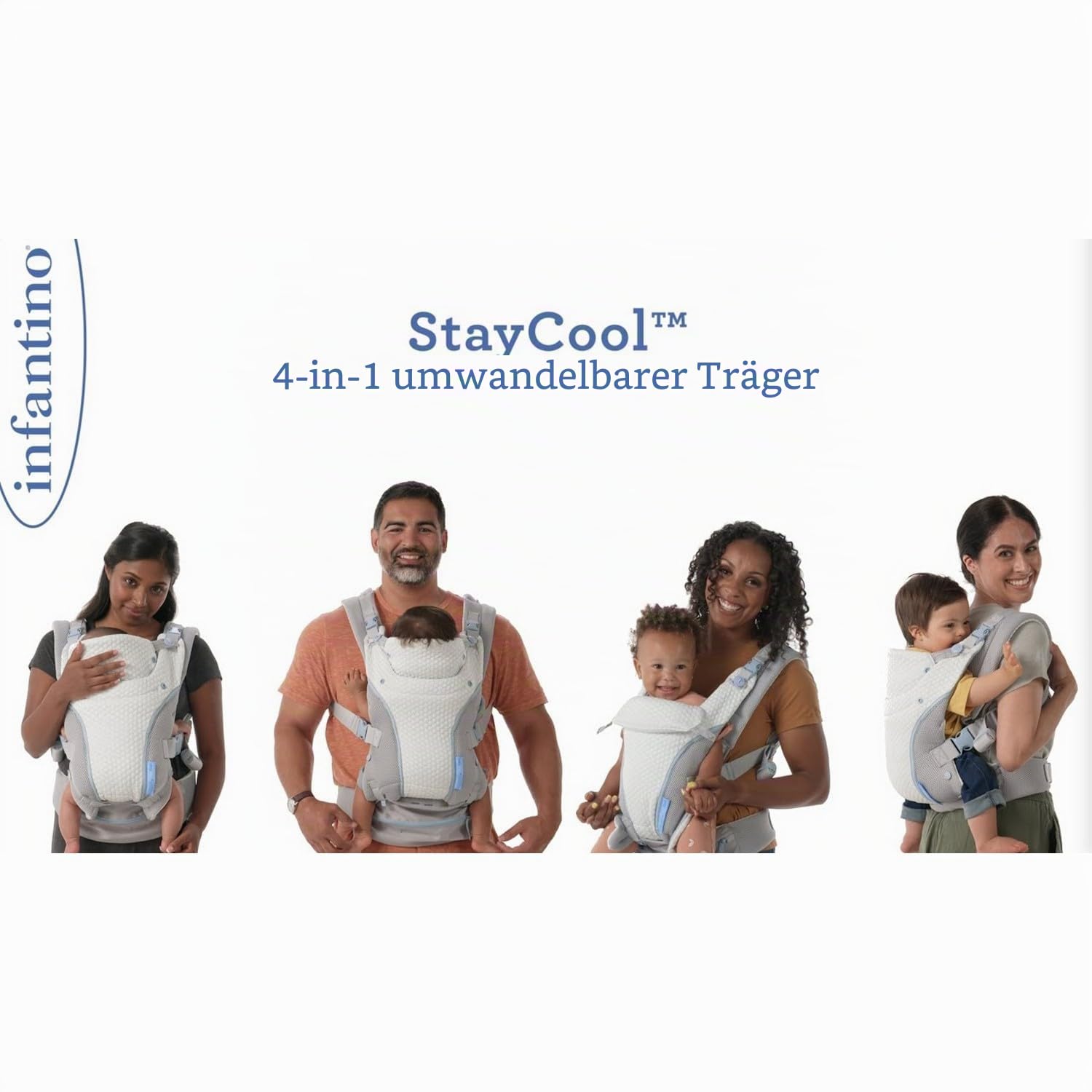 Infantino StayCool 4-in-1 Babytrage, Ergonomisches Design, mit Praktischem Aufbewahrungsfach, Geeignet für Neugeborene und Kleinkinder 3,63–18,14 kg, Grau