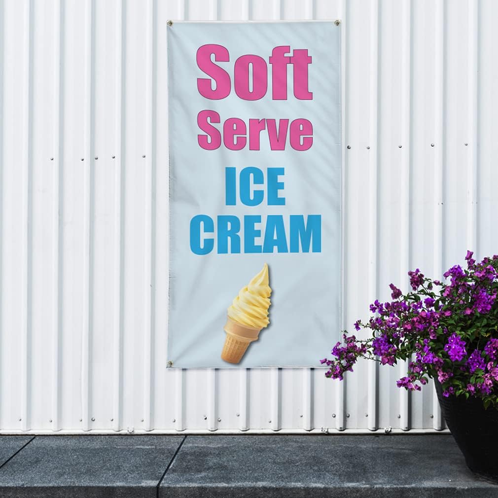 Vertical Vinyl Banner Multiple Sizes Soft Serve Ice Cream Food Fair Promotion Retail Outdoor Weatherproof Industrial Yard Signs 4 Grommets 36x24Inches