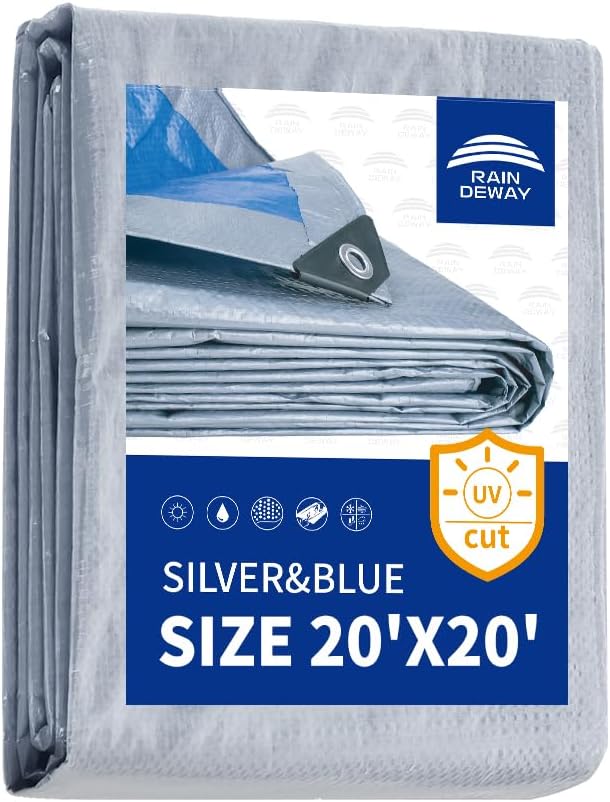 RAINDEWAY 20x20 ft Tarp - 5.5 Mil Waterproof Poly Tarp Cover