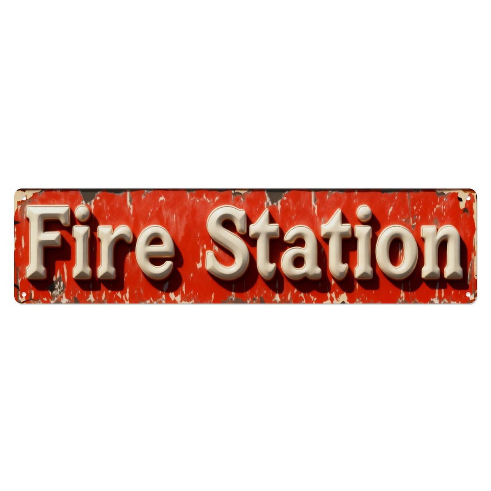 Fire Station Sign Red Weathered Metal Tin Sign Plaque
