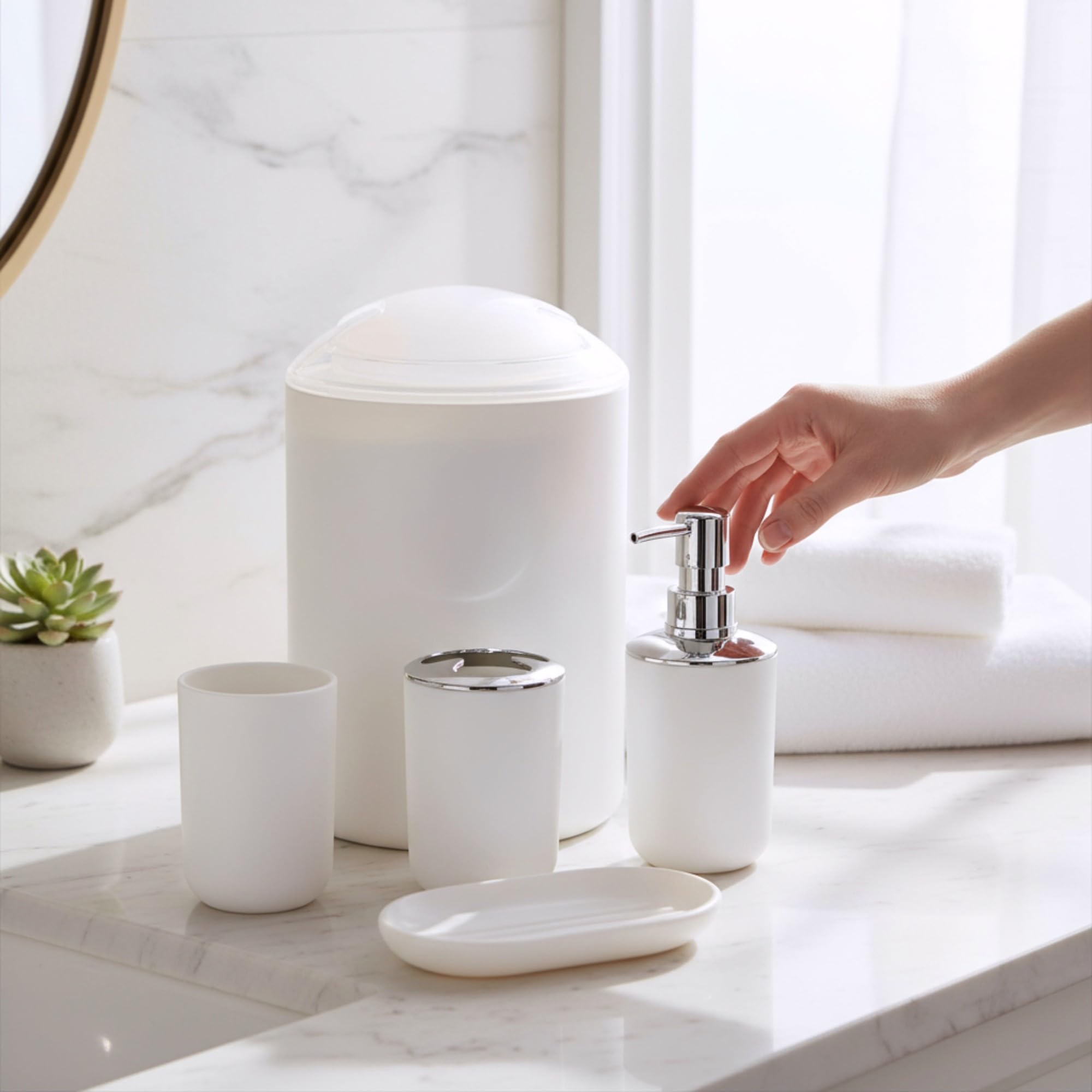 GMMH – Set di 6 accessori da bagno, con dispenser per sapone, porta saponetta e scopino per WC (modello 3, bianco)