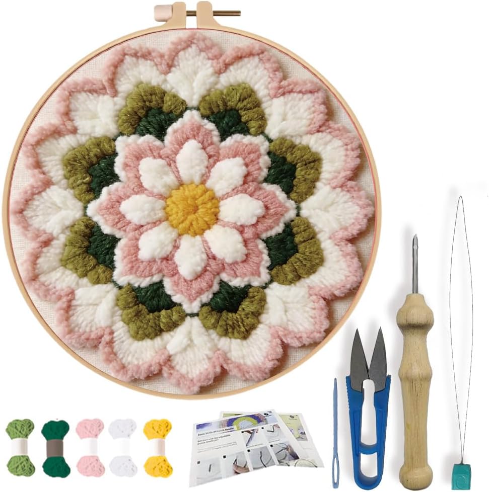 FREEBLOSS Punch Needle Kit Embroidery Punch Needle Starter Craft Set Mandala Embroidery Kits with Instructions Crafts for Adults Festival Gift and Decoration 20cm/7.9inch