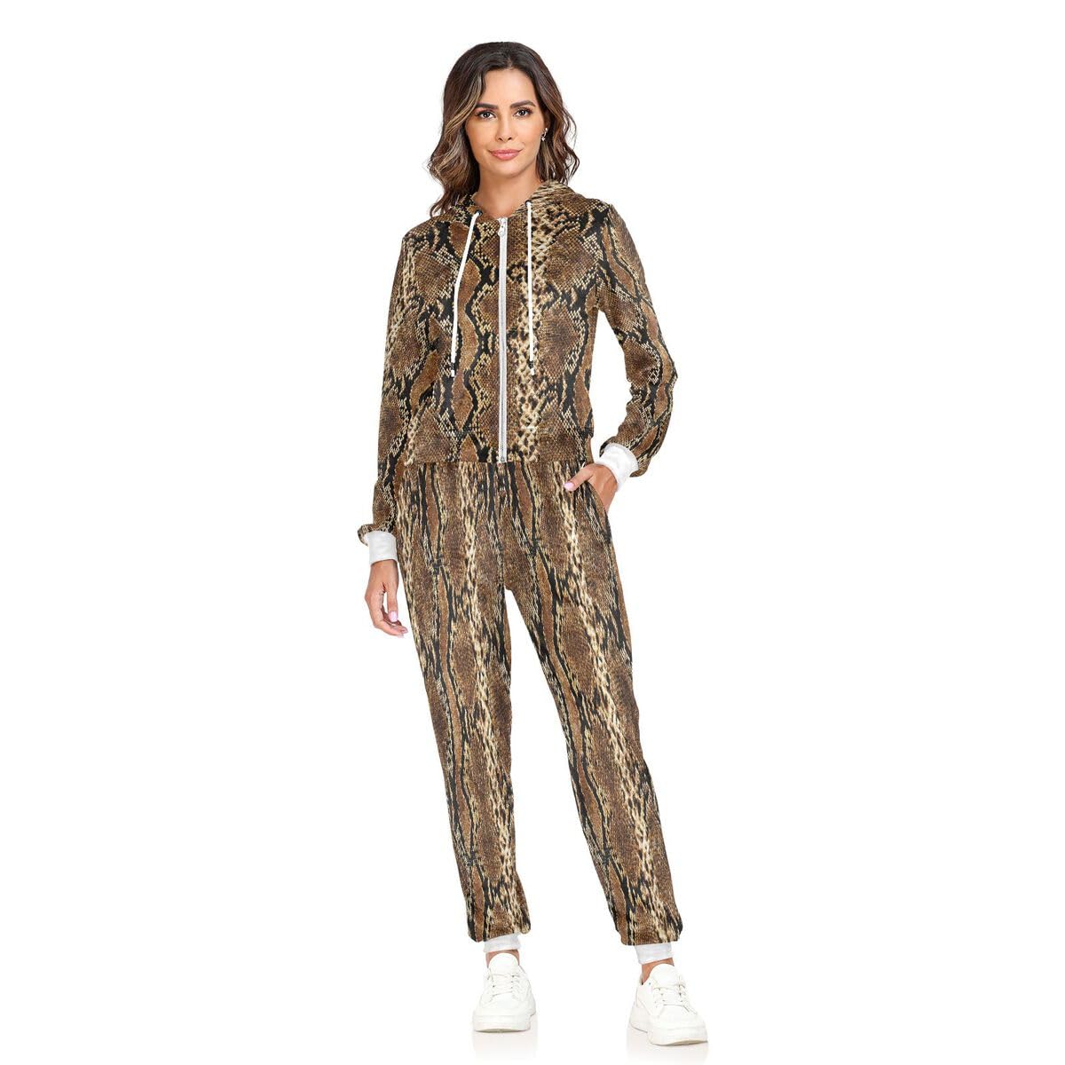 Conjunto deportivo de 2 piezas para mujer, estampado de piel de serpiente, conjunto deportivo de manga larga con estampado de piel de leopardo