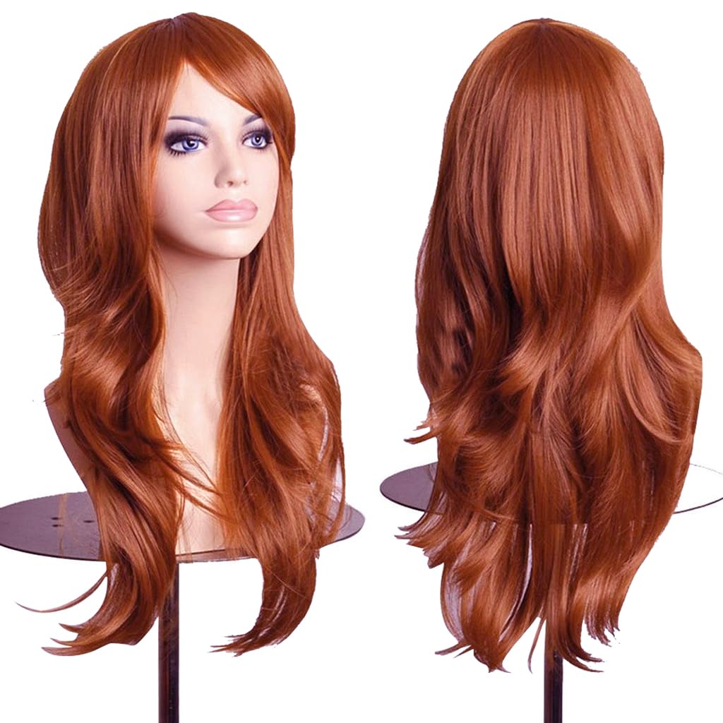 Colorfulpanda Parrucca cosplay ondulata lunga per donne, capelli pieni con pony ricci parrucca sintetica per bambini, anime cosplay Halloween costume party(rosso rame)28 pollici/70 cm