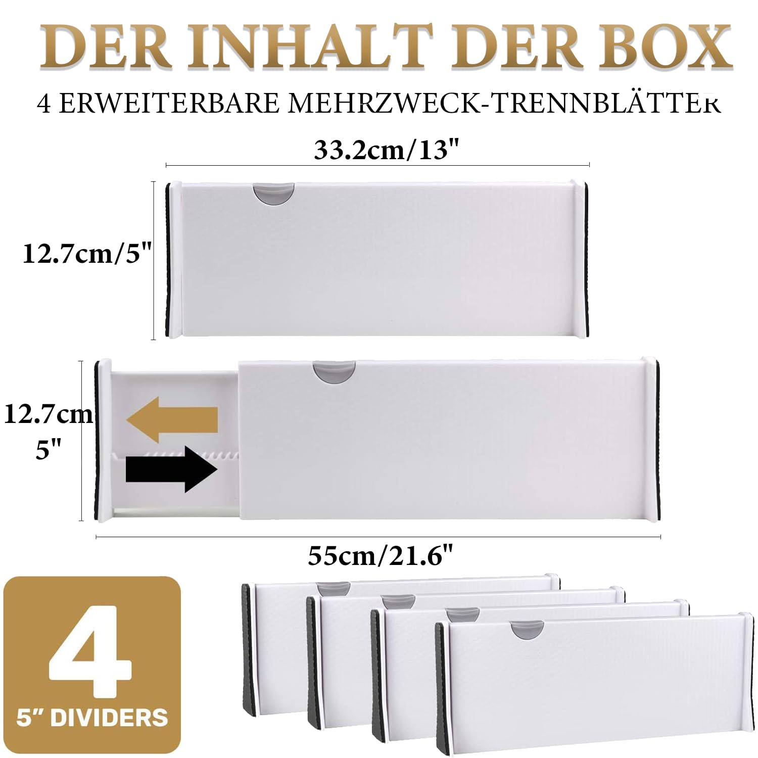 SENENQU Divisori per Cassetti 4 Pezzi Regolabili Bianchi 33,2-55 Cm | Separatori per Cassetti, Organizer Cucina, Bagno, Armadio e Intimo 12,7 cm in PP per Casa