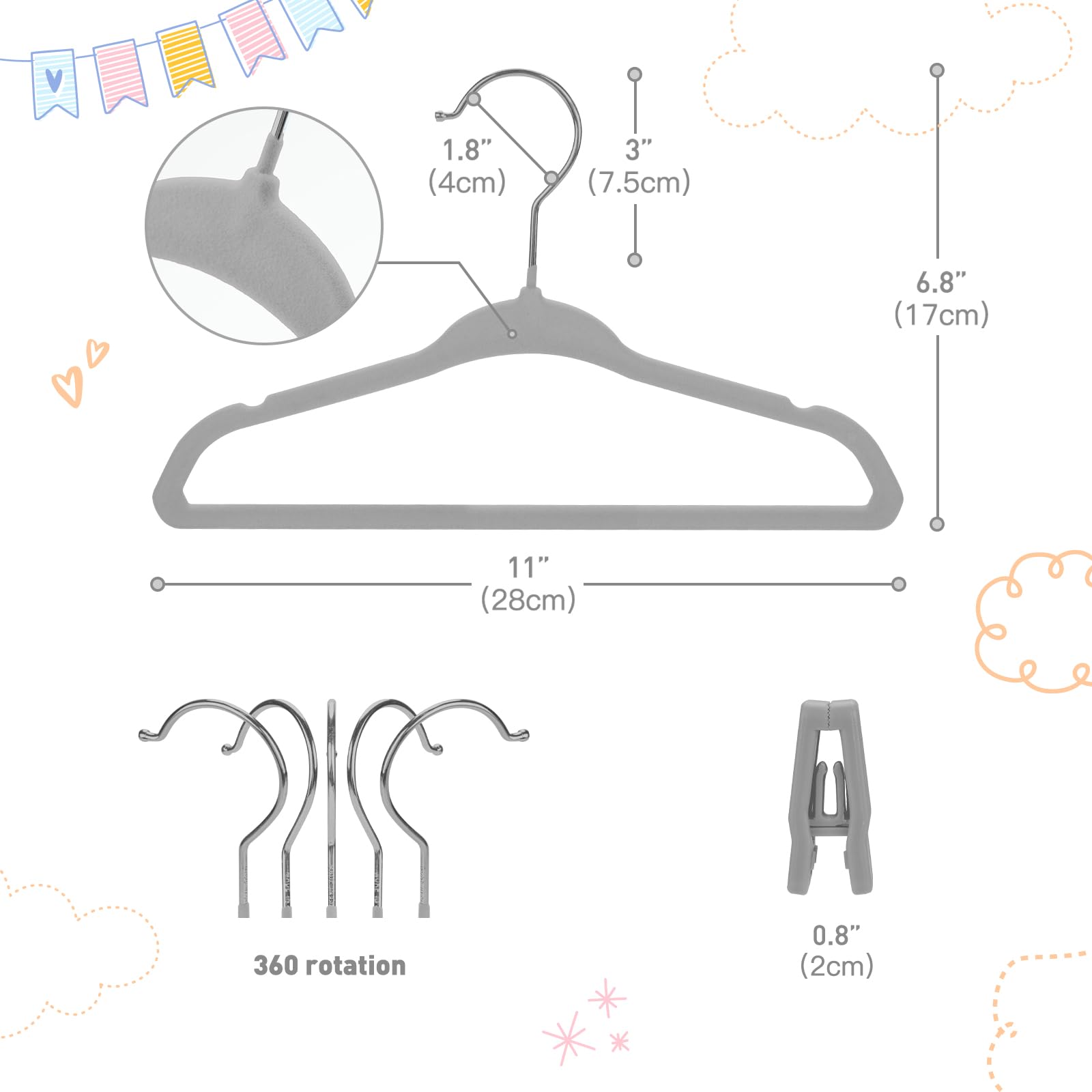 Babyrish Perchas de Terciopelo para bebé con Clips de 28 cm, ultrafinas, Fieltro Antideslizante, Organizador de Ahorro de Espacio para habitación Infantil y niños pequeños, Color Gris, 30 Unidades