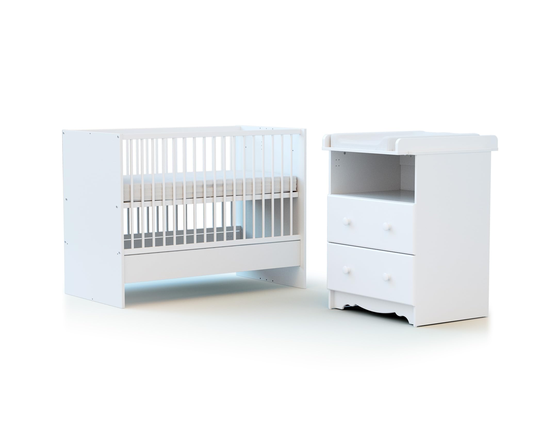 AT4 - Cuna bebé y cómoda cambiador MARELLE madera - Blanco - 60 x 120-194 x 94 x 70 cm