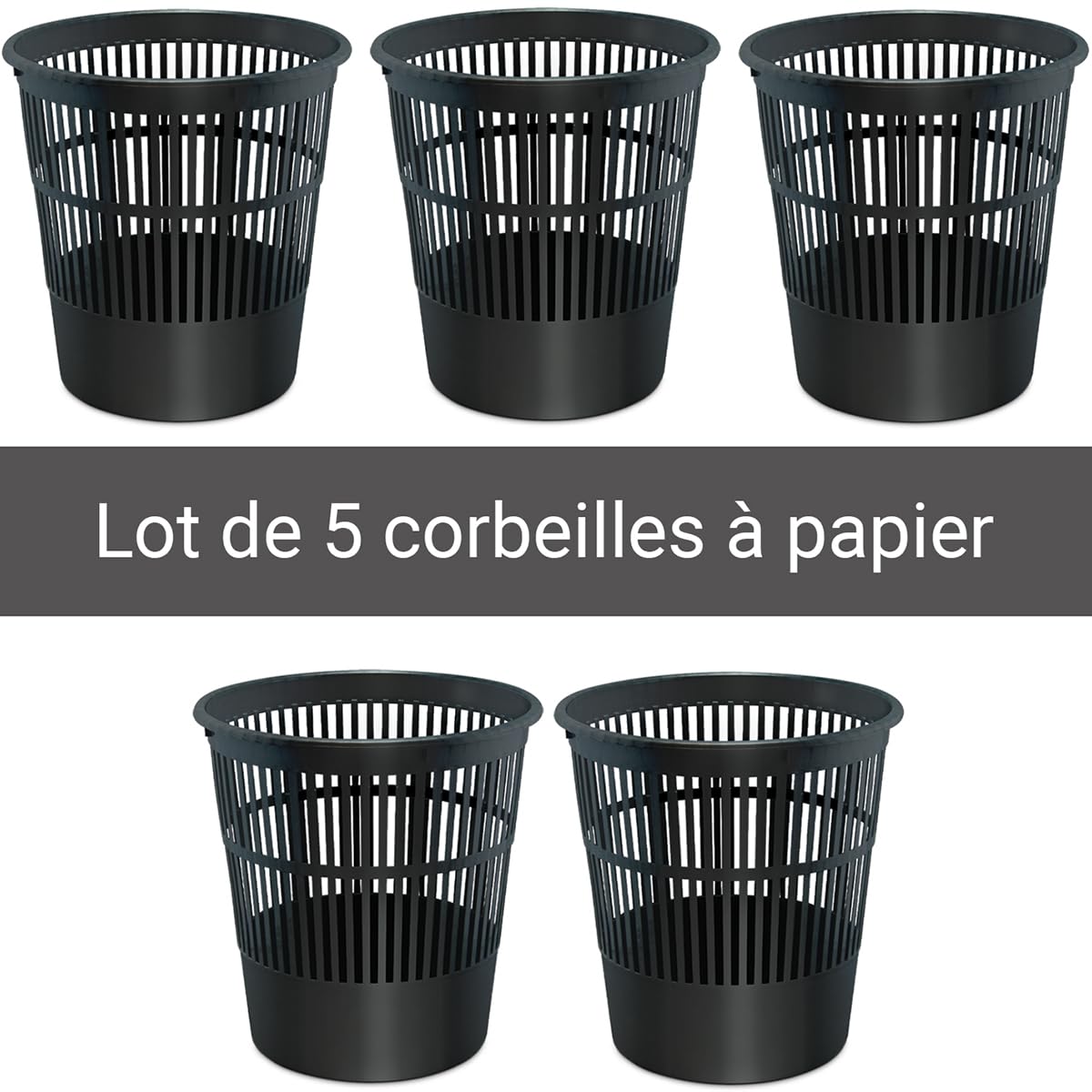 Waytex Set mit 5 schwarzen Papierkörben aus Kunststoff – Papierkörbe aus Kunststoff für Schreibtisch, Schlafzimmer – Kapazität 16 L – Farbe schwarz