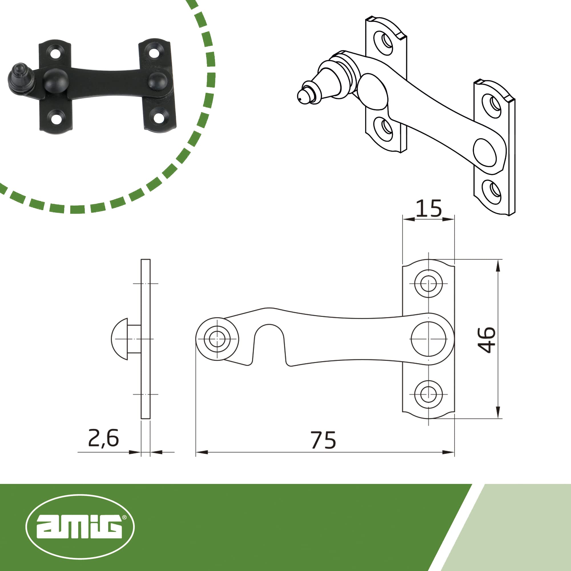 Amig - Heurtoir noir pour volets avec attache inversée Mod. 3-75 x 46 mm - Fermeture de sécurité anti-choc et rupture pour fenêtres - En acier - Avec vis (Lot de 5)