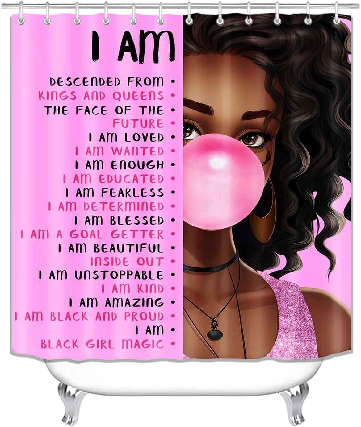 4PCS Inspirational Quotes African American Shower Curtain Sets with Rugs, Waterproof Fabric Pink Shower Curtain Cute Black Girl Magic Positive Motivational Word Afro Black Woman Bathroom Decor