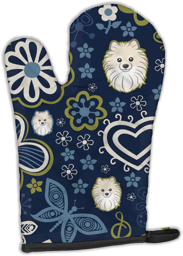 Caroline's Treasures BB5058OVMT Blue Flowers Pomeranian Oven Mitt Heat Resistant Thick Oven Mitt for Hot Pans and Oven, Kitchen Mitt Protect Hands, Cooking Baking Glove