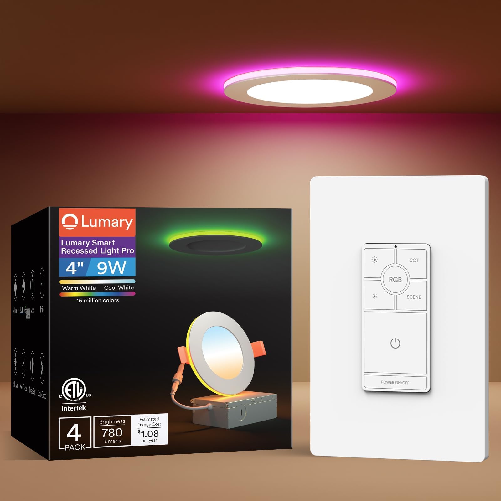 Lumary Smart Recessed Lighting Pro 4 Inch with RGB/Night Ring, Dimmer Light Switch Exclusive Recessed Lighting