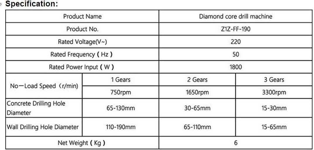 1800W Water Source Diamond Core Drill Electric Concrete Core DrillIing Machine 3 Level Speed Adjust 220V