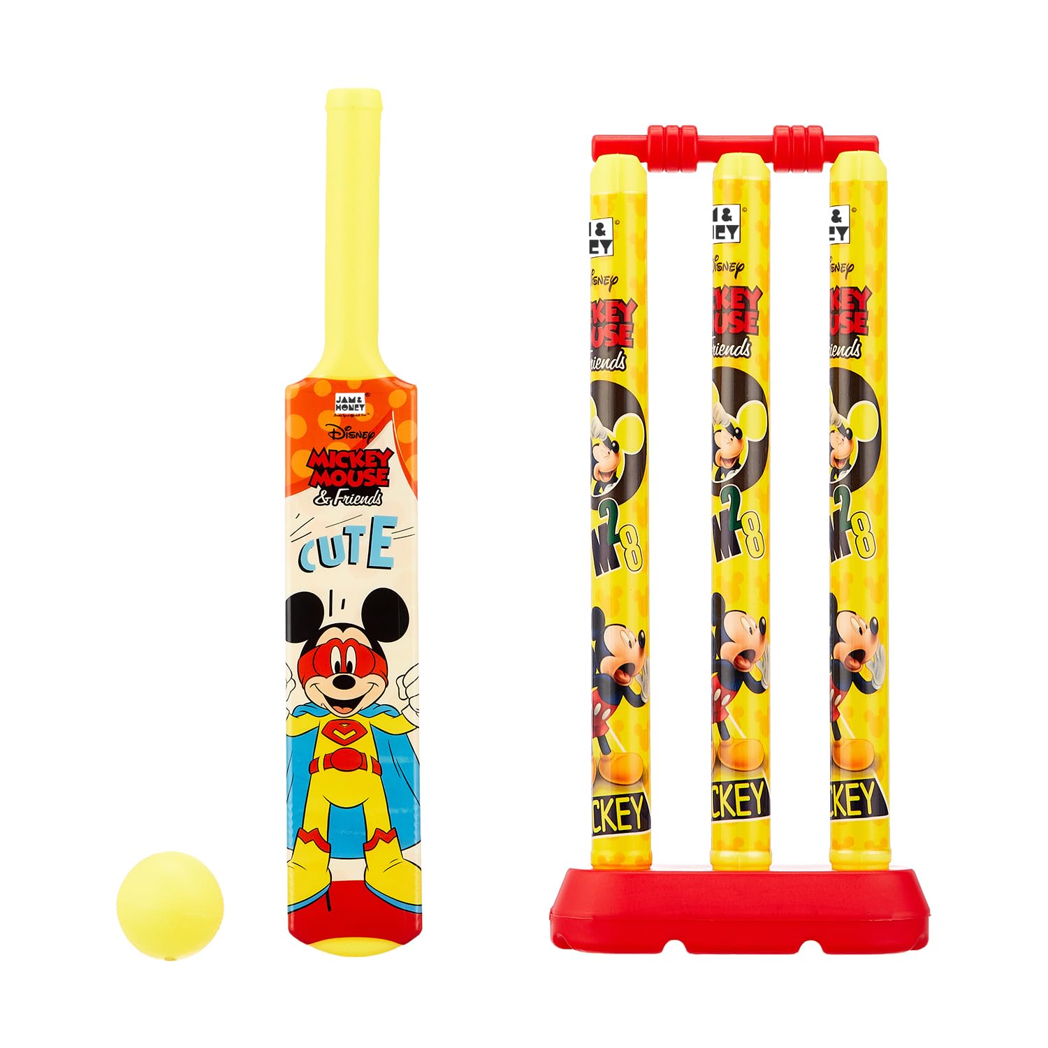 Amazon Brand – Jam & Honey Disney Mickey Mouse Plastic Cricket Set Size 1 | Lightweight | Easy-Grip Handle | Non-Toxic ABS | BIS Certified | 3+ Years