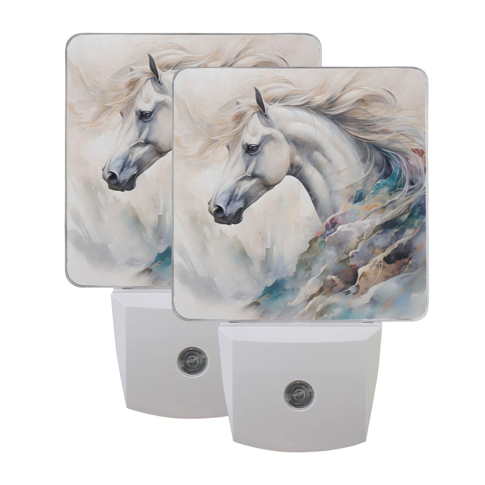 BOENLE White Horse Head Night Lights 2 Pack Plug-in Wall Led Nightlight Auto Dusk-to-Dawn Sensor Lamps for Bedroom Kitchen Bathroom