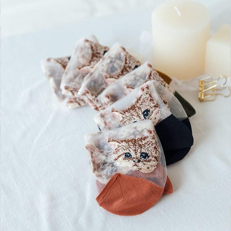 Miniatura 5 de CYee 6 pares de calcetines transparentes estéticos con patrón de gato para mujer, calcetines de malla estilo coquette vintage, calcetines de encaje