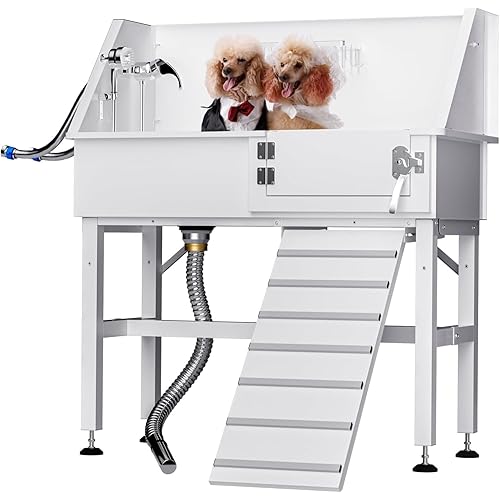 38 Inch Stainless Steel Dog Washing Station, Professional Grooming Station with Drain Hose & Anti-Slip Surface, Compact Design for Medium to Large Dogs(Right Ramp)