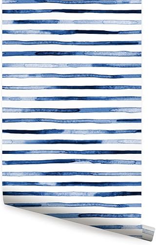 Simple Shapes Papel tapiz de rayas de acuarela, azul, despegar y pegar (hoja individual de 2 x 9 pies)