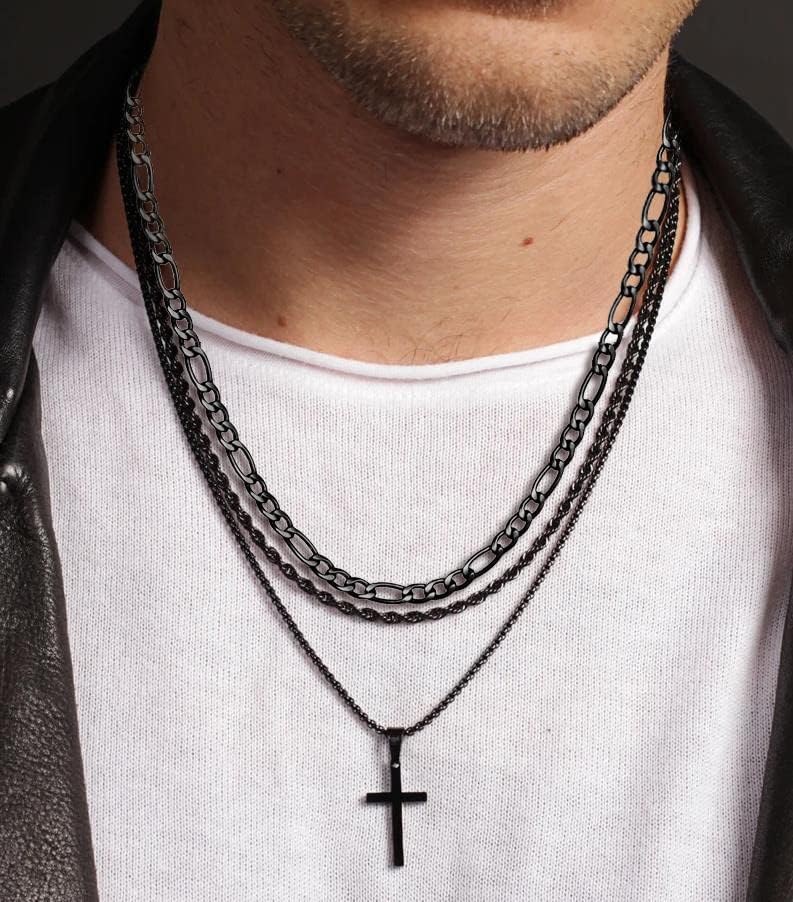 3Pcs Set Cross Necklace for Men, Mens Cross Necklace Cross Chain Layered Stainless Steel Rope Figaro Chains for Women Boys Gold Silver Black (20inch/22inch) - Image 2