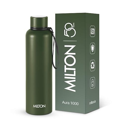 Milton Aura 1000 Thermosteel Water Bottle, 24 Hr Hot and Cold I Leak Proof Lid, ISI Certified I Vacuum Insulated I for Office, Gym, School I Military Green