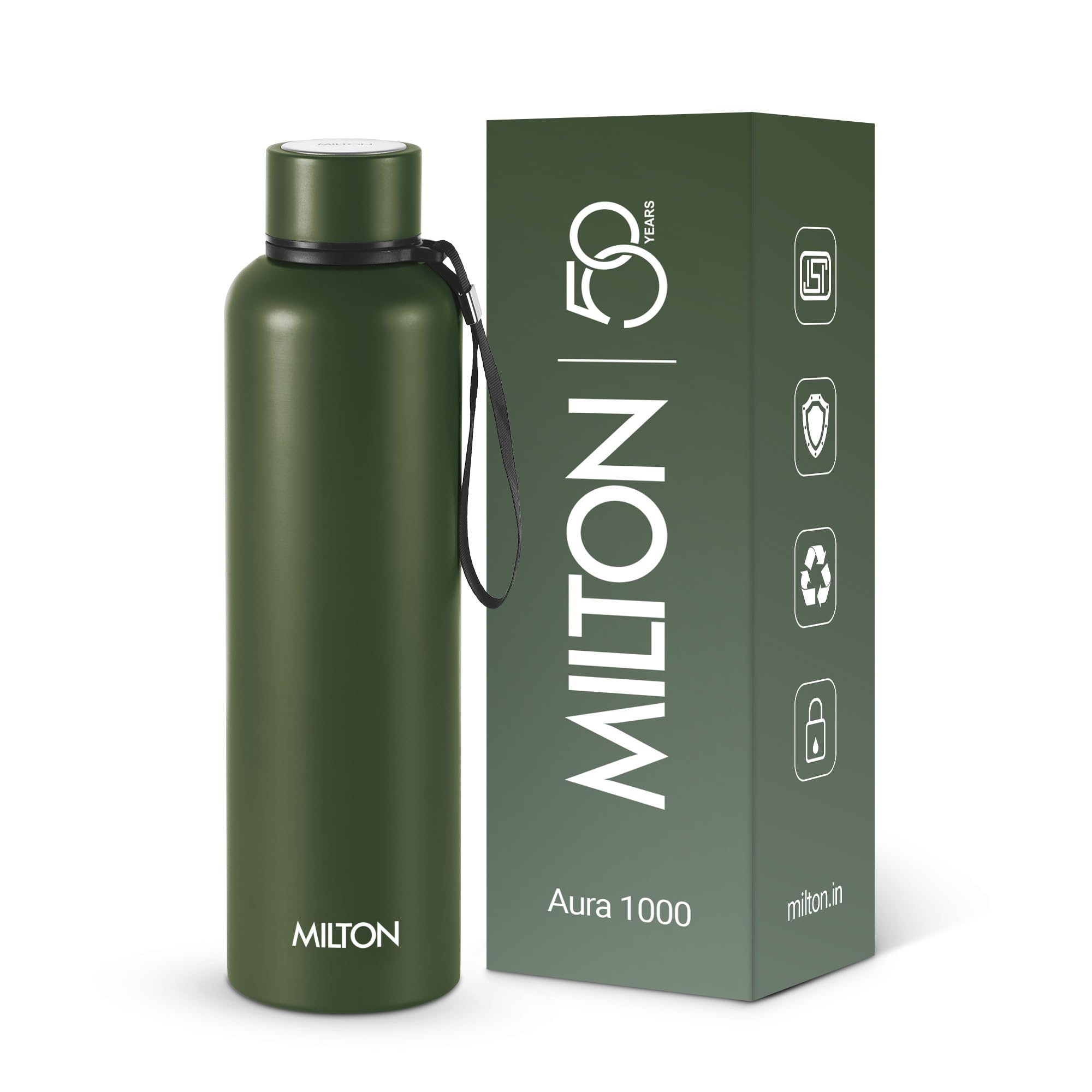 Milton Aura 1000 Thermosteel Water Bottle, 24 Hr Hot and Cold I Leak Proof Lid, ISI Certified I Vacuum Insulated I for Office, Gym, School I Military Green