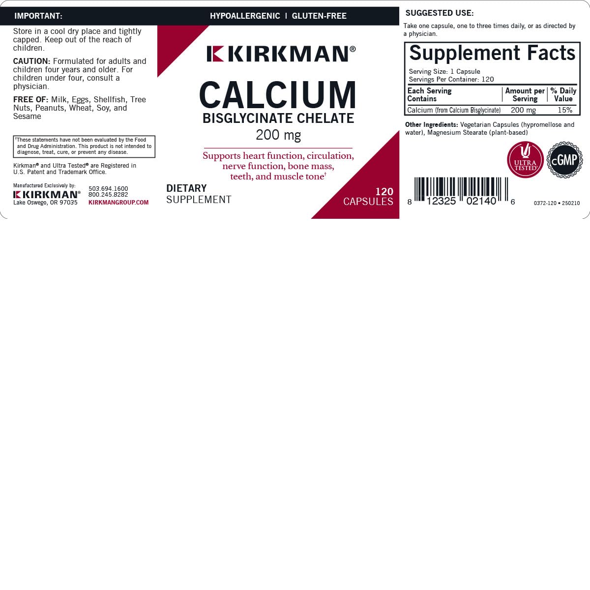 Kirkman Calcium Bisglycinate Chelate, 200mg, 120 Capsules — Amazon image 3