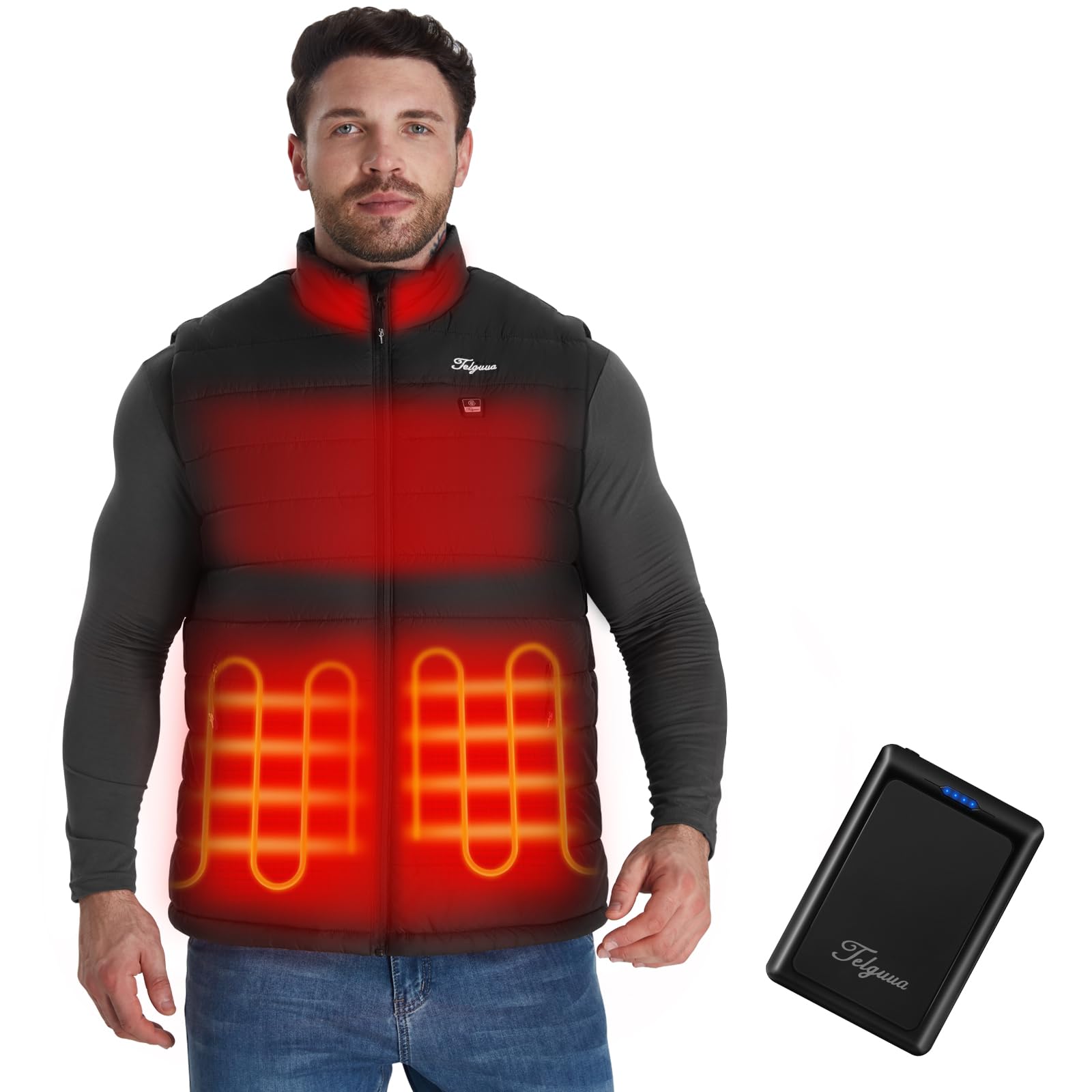 Telguua Gilet Riscaldato Uomo con 10000mAh power bank Giubbotto Riscaldata | 4 zone di riscaldamento/3 livelli di temperatura Giacca Riscaldata USB per Attività Outdoor